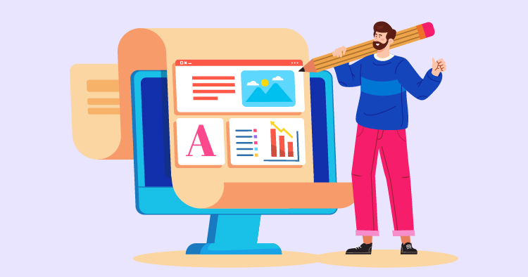 Illustration of a man holding a large pencil next to a computer displaying various design elements, including text, images, and graphs, symbolizing digital content creation and web design.