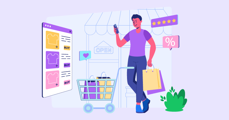 Illustration of a man shopping online with a smartphone, standing outside an open store with a shopping cart and bags. The scene includes product listings and promotional signs highlighting discounts and customer ratings.