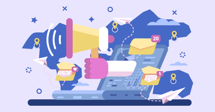 Illustration of a digital marketing concept featuring a megaphone, a laptop with email notifications, and envelopes, symbolizing communication and engagement in online marketing strategies.