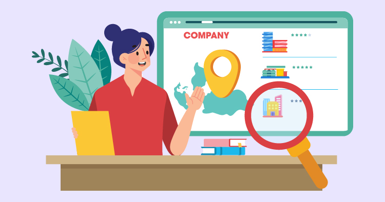 Illustration of a person at a desk presenting a digital map with a location pin and company information, surrounded by books and plants, symbolizing business location services and online search optimization.