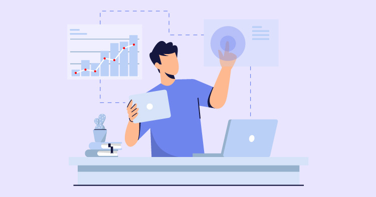 Person analyzing data on a laptop while holding a tablet, with graphs and charts in the background, representing modern digital work and data visualization.