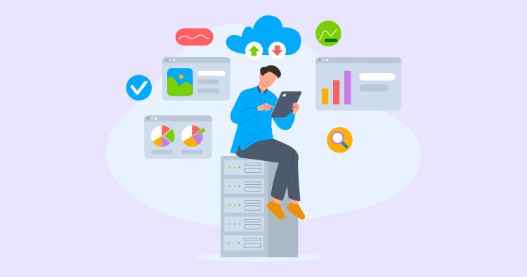 Illustration of a man sitting on a server while using a tablet, surrounded by cloud computing icons, data charts, and analytics symbols, representing data management and digital technology.