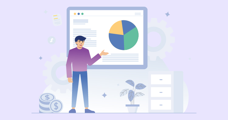 A man in a purple sweater presenting a colorful pie chart on a screen, with a plant and storage drawers in the background, illustrating a business or data analysis concept.