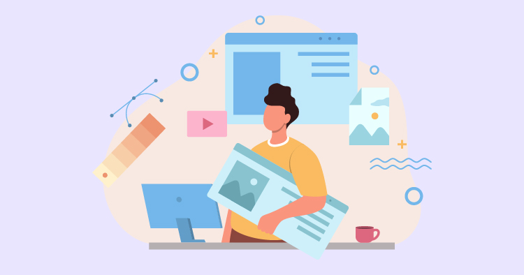 Person holding a newspaper and standing near a computer, surrounded by digital content elements like images and videos, representing online media and content creation.