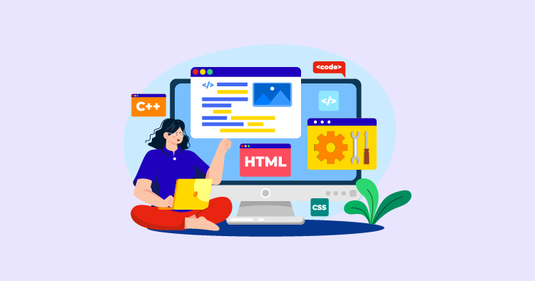 Illustration of a person sitting in front of a computer, coding with HTML and showcasing programming languages like C++ and CSS, surrounded by various coding tools and icons, representing web development and programming skills.