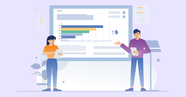 Two professionals analyzing data in front of a large screen displaying a colorful bar graph and financial metrics, illustrating teamwork and data-driven decision-making in a business setting.