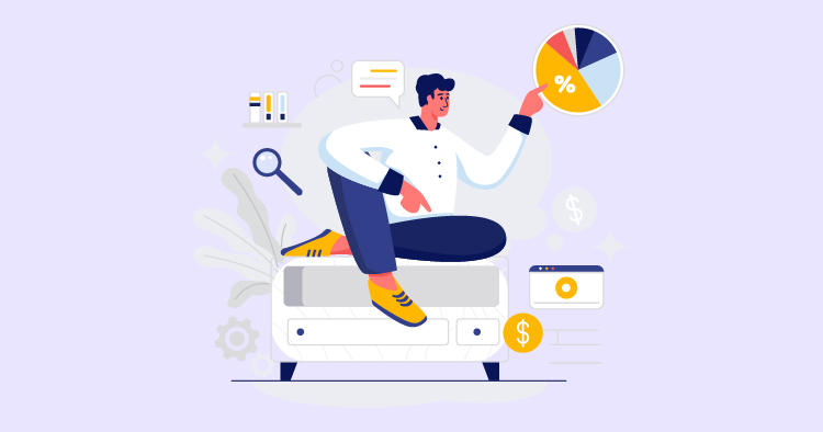 Illustration of a man sitting on a bed, analyzing data represented by a pie chart, with icons of money, graphs, and a magnifying glass in the background, symbolizing financial analysis and market research.