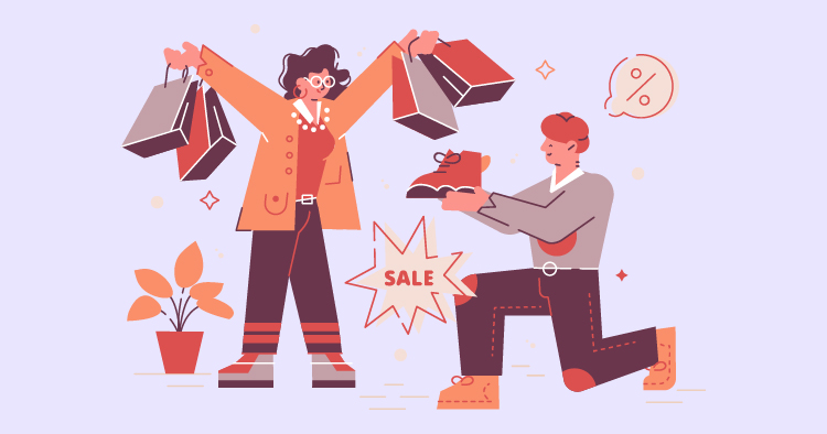 A cheerful shopping scene featuring a person holding multiple shopping bags and another kneeling while offering a shoe, with a prominent "SALE" graphic in the background, symbolizing retail promotions and consumer excitement.