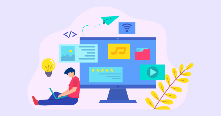 Illustration of a person sitting on the floor with a laptop, engaged in digital content creation. The background features a large computer monitor displaying various multimedia elements such as images, music notes, and documents, along with icons representing coding, internet connectivity, and user ratings. The scene is complemented by a light bulb and a plant, symbolizing creativity and growth in a digital environment.