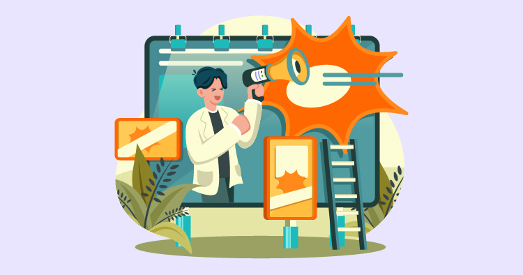 Illustration of a person in a lab coat using a megaphone to announce news, surrounded by advertising signs and a ladder, set against a light purple background with plants, symbolizing marketing and promotion in a creative environment.