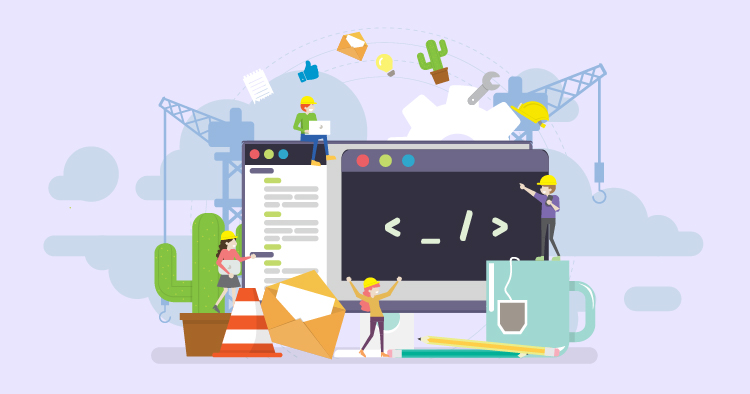 Illustration of a coding environment with cartoon characters working on a computer, surrounded by tools, plants, and construction elements, representing software development and programming concepts.