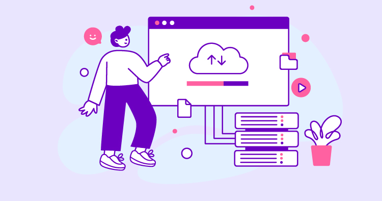 Illustration of a person interacting with a cloud storage interface, featuring upload and download icons, and connected server racks. The design uses a purple color scheme, symbolizing technology and data management.