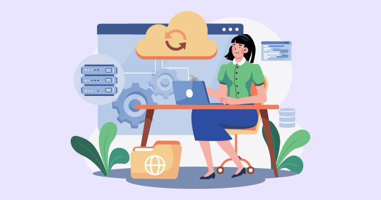 Woman working on a laptop at a desk with cloud storage graphics and server icons, symbolizing remote work and digital technology.