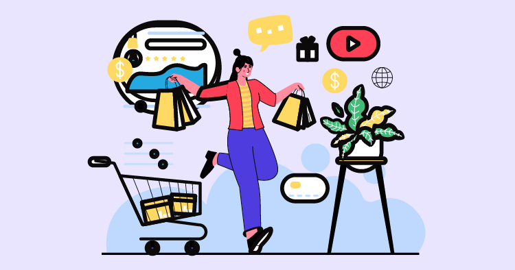 A woman joyfully shopping, holding shopping bags, with a shopping cart nearby. Icons representing online shopping, social media, and customer feedback surround her, set against a pastel background.