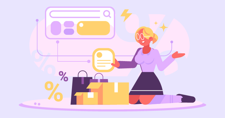 Illustration of a woman in a stylish outfit surrounded by shopping bags and boxes, engaging with digital content on a screen. The image represents online shopping, e-commerce, and customer engagement, highlighting themes of convenience and modern retail experiences.