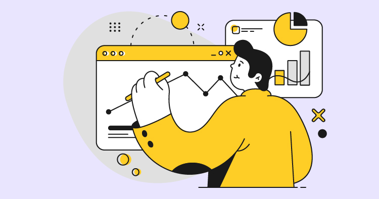 Illustration of a person in a yellow jacket analyzing data on a computer screen, with graphs and charts displayed, representing data visualization and analytics.