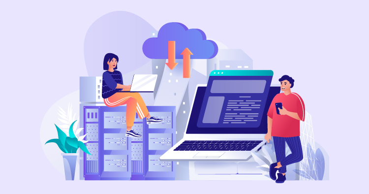 Illustration of a woman working on a laptop while sitting on a server, with a cloud computing graphic in the background and a man holding a tablet nearby, representing modern technology and digital collaboration.