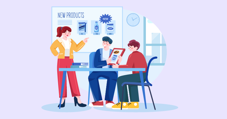 A business meeting scene featuring a woman presenting new products to two seated men, with a display board in the background showcasing various items labeled "NEW."