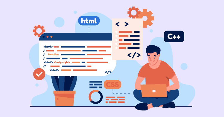 Illustration of a young man coding on a laptop, surrounded by HTML and CSS code snippets, gears, and a plant, representing web development and programming concepts.