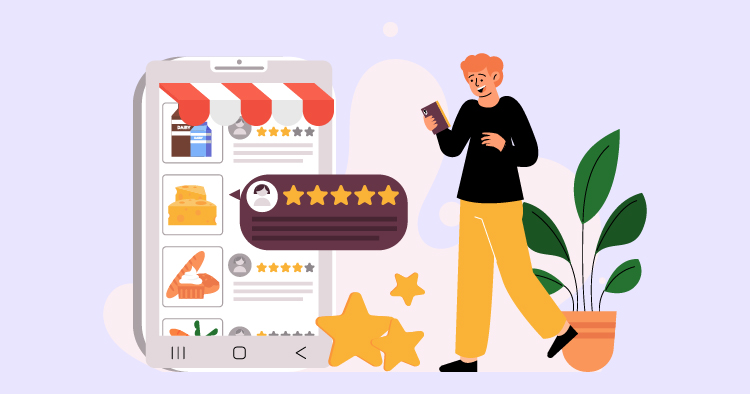 A person using a smartphone while browsing an online review platform, with highlighted five-star ratings and colorful icons representing various products and services in the background.