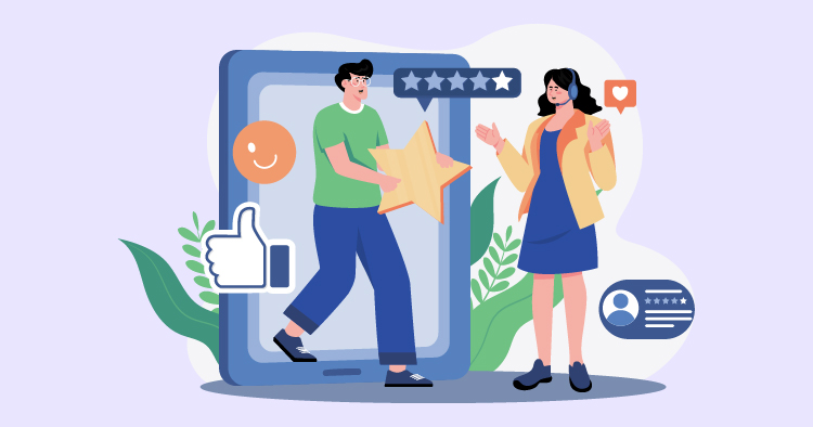 Illustration of a man interacting with a woman through a smartphone, showcasing a five-star review and social media icons, symbolizing customer feedback and engagement in a digital environment.