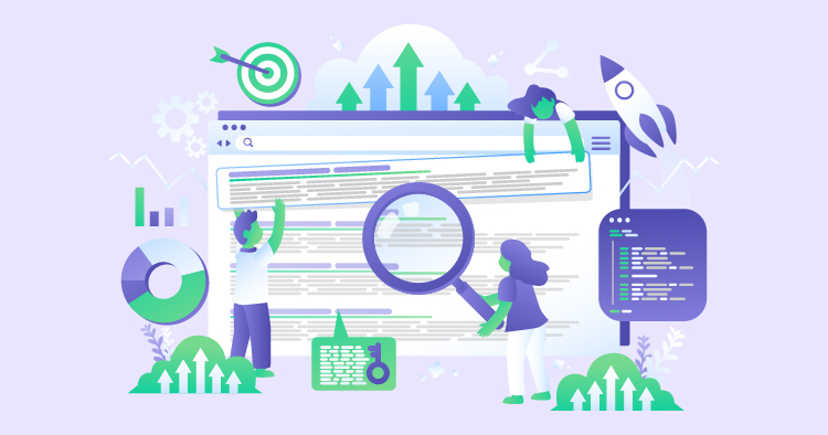 Illustration of a diverse group of people analyzing search engine results, with visual elements like a magnifying glass, upward arrows, and digital devices, symbolizing SEO strategies and online marketing.
