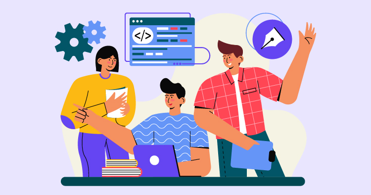 Three diverse individuals collaborating on a project, surrounded by coding elements and design tools, illustrating teamwork in technology and creative fields.
