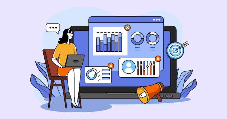 Woman working on a laptop with data analytics and marketing graphics on a screen, showcasing charts, graphs, and audience insights for digital marketing strategies.