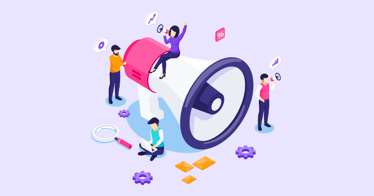 Illustration of a large megaphone surrounded by diverse people engaging in communication, brainstorming, and sharing ideas, symbolizing marketing and outreach strategies.