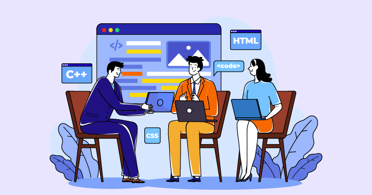 Three professionals collaborating on web development, featuring a man in a blue suit and a woman in a blue top using laptops, while a man in an orange suit discusses in front of a coding interface displaying HTML and CSS elements.