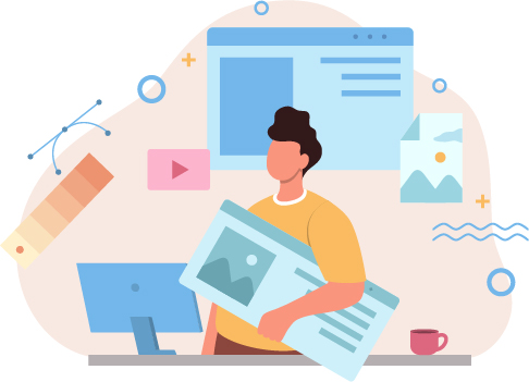 Person holding a newspaper in front of a computer, surrounded by various digital content icons, representing online media and journalism.