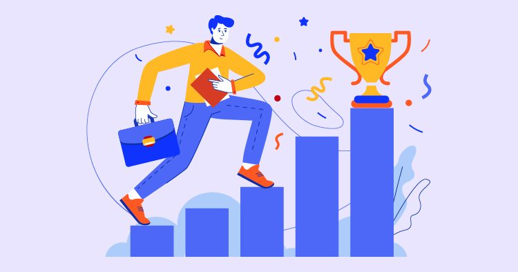 Illustration of a professional man ascending a bar graph, symbolizing career growth and achievement, with a trophy at the top, surrounded by celebratory elements like confetti and stars.