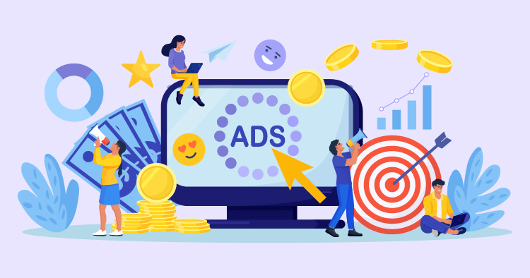 Illustration depicting digital advertising concepts, featuring a computer screen with the word "ADS," coins, graphs, and characters engaging with technology and targeting strategies.