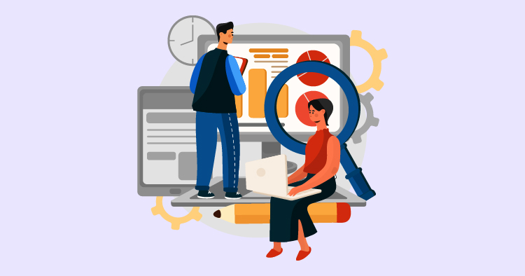 Illustration of a man standing with a notepad and a woman sitting with a laptop, surrounded by digital charts and a magnifying glass, symbolizing data analysis and research in a modern workspace.