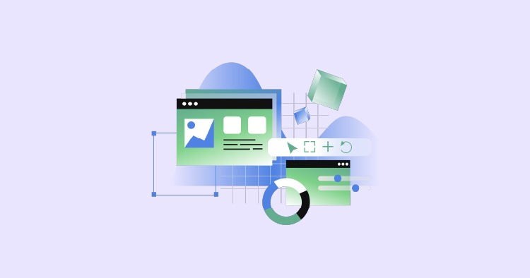 Illustration of web design elements featuring computer screens, graphics, and shapes, representing digital marketing, user interface design, and online content creation.