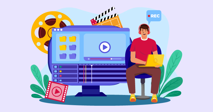Illustration of a content creator editing a video on a computer, surrounded by film reels and editing tools, showcasing the video production process.