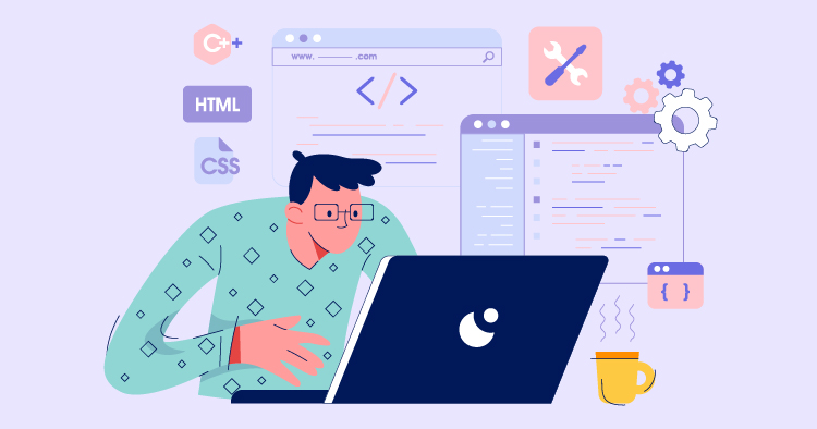 Illustration of a person coding on a laptop, surrounded by programming icons for HTML, CSS, and JavaScript, emphasizing web development and coding skills.