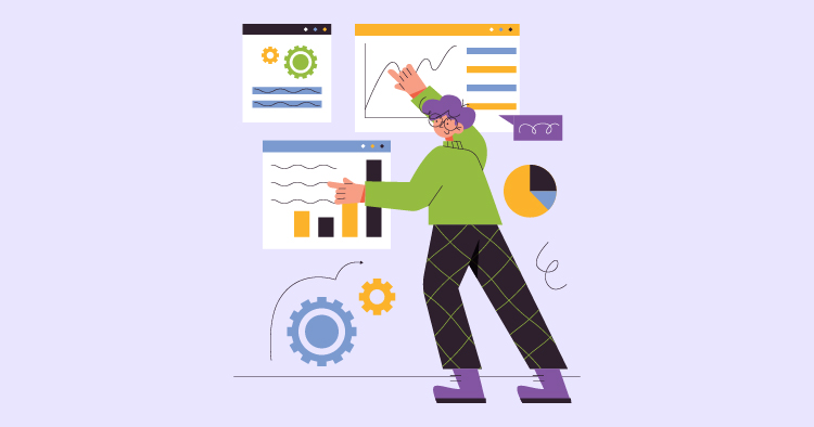 Illustration of a person analyzing data on multiple screen displays, featuring graphs, charts, and gears, symbolizing data analysis and digital marketing strategies.