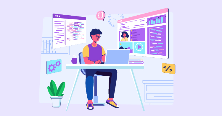 A young man working on a laptop at a modern desk, surrounded by digital displays showing coding and analytics, with a plant and coffee cup nearby, illustrating a productive home office environment.