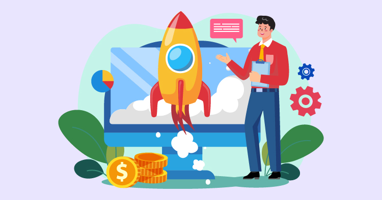 A man in a red shirt stands next to a computer screen displaying a rocket launch, symbolizing business growth and innovation. Gold coins are stacked nearby, representing financial success and investment opportunities.