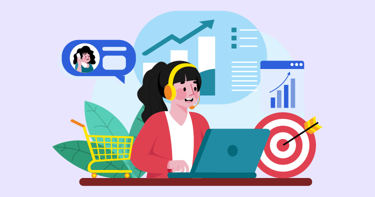 Illustration of a woman wearing headphones, working on a laptop, with graphs and charts in the background, symbolizing digital marketing and e-commerce strategy. A shopping cart and target graphic represent online sales and goal achievement.