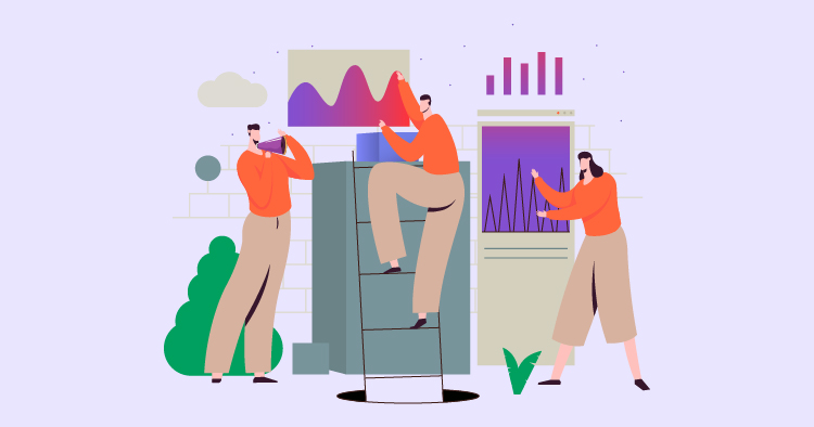 Three professionals analyzing data in a modern office setting, with one person climbing a ladder to access charts and graphs, while others review information on a computer and a display screen. The scene conveys teamwork and data-driven decision-making.