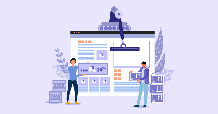 Two men working on an online store interface, one holding a sign with a 20% discount, while the other interacts with a digital display showcasing products. Background includes boxes and a robotic arm, symbolizing e-commerce and automation.