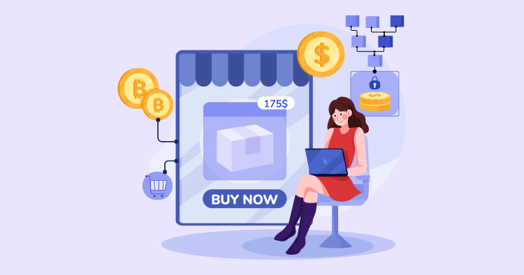 Woman using a laptop to shop online, with a "Buy Now" button and cryptocurrency icons, representing e-commerce and digital payments.