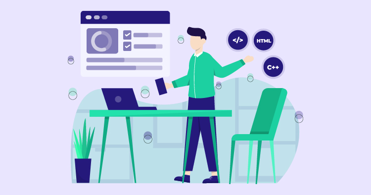 Person working on a laptop at a desk, surrounded by programming languages symbols like HTML and C++, illustrating web development and coding concepts.