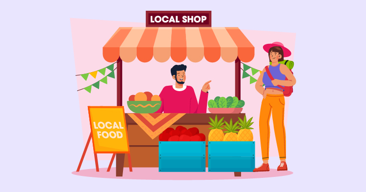 Illustration of a vibrant local shop market stall featuring a vendor selling fresh produce, including fruits and vegetables, with a sign indicating "Local Food." A customer stands nearby, showcasing the community-oriented atmosphere of local markets.