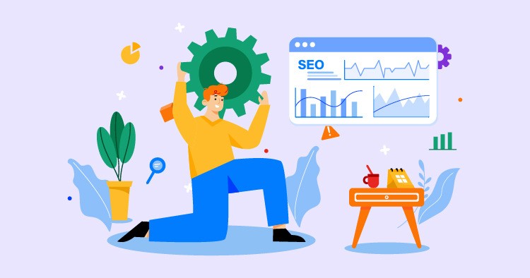 Illustration of a person holding a large gear while kneeling, surrounded by plants and a desk with a notebook and coffee cup. A computer screen displays SEO graphs and analytics, symbolizing digital marketing and search engine optimization concepts.