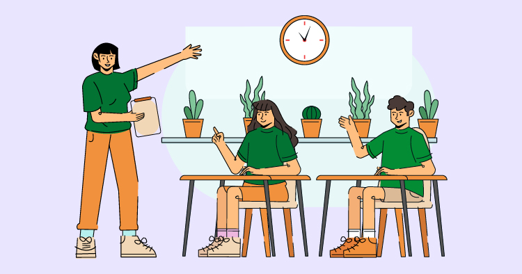 Illustration of a classroom scene with a teacher raising her hand to engage with students. Two students sitting at desks are actively participating, one raising a hand while the other appears attentive. The background features potted plants and a clock, creating a vibrant learning environment.