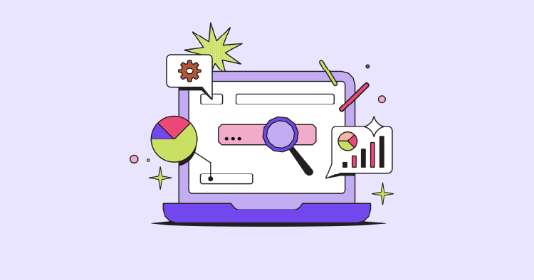 Illustration of a laptop displaying a search bar, surrounded by colorful graphs, charts, and icons representing SEO tools and analytics. The design emphasizes digital marketing and data analysis.