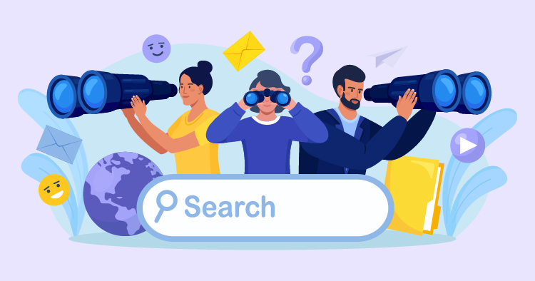 Illustration depicting three diverse individuals using binoculars and a telescope, symbolizing search and exploration, with a prominent search bar at the center. Background elements include a globe, envelopes, and question marks, representing communication and inquiry.